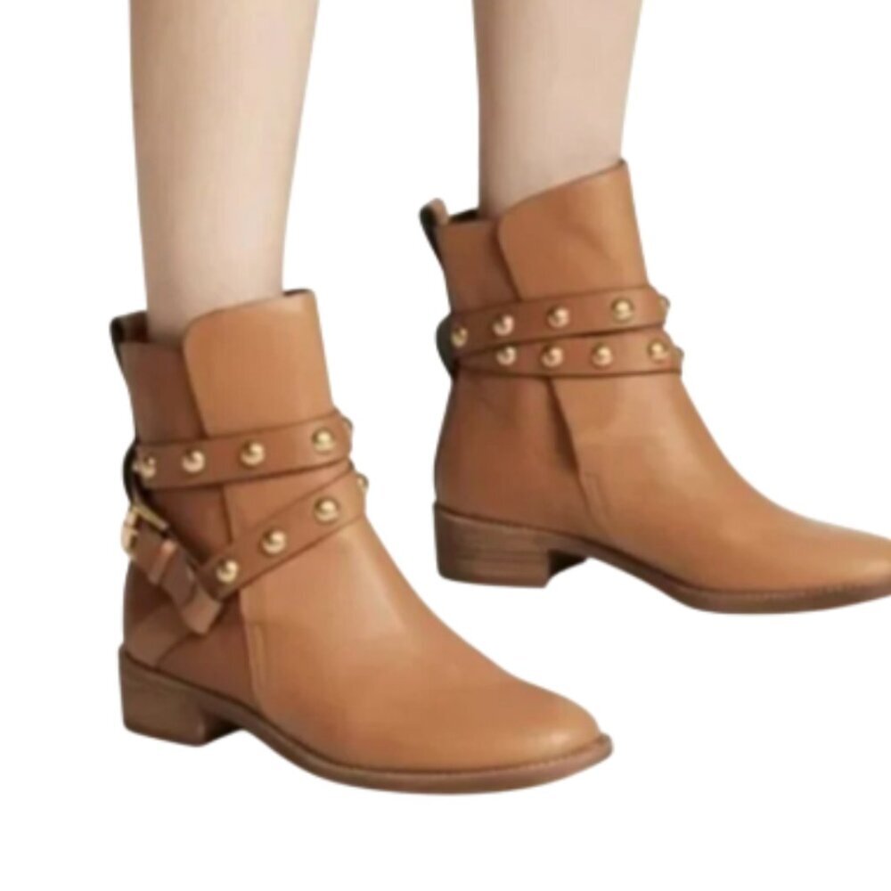 See by Chloe Janis Ankle Wrap Moto Boots Womens 38 8 Camel Tan Leather Studded - Picture 3 of 12